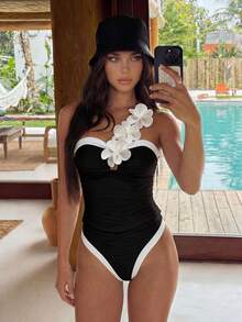 Swim Chiccia Women's One-Shoulder 3D Floral Black Color Block Two-Piece Swimwear Beach Summer Sexy - Black and White - View 5