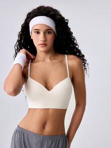 Loungeista Beige Ribbed Fixed Cup Bra, Comfortable Thin Cup Wireless Casual Women's Underwear, All-Match Classic Daily Versatile Bra - Beige - View 3