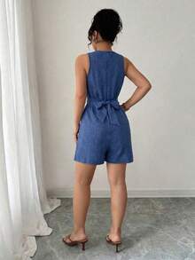 SHEIN LUNE CURVE Women's Spring/Summer Exquisite Elegant Blue V-Neck Small Circle Decor Buckle Design Bow Tie Design Sleeveless Fitted Slim Jumpsuit - Blue - View 2