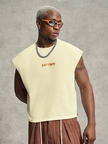 PAVTROS Men's Summer Vacation Coconut Tree & Letter Pattern Round Neck Tank Top, Holiday - Yellow - View 2