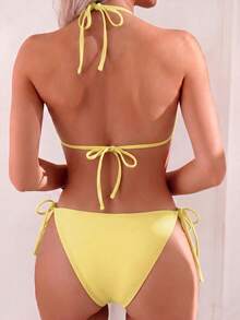 Oceva Spring/Summer Beach Solid Color Sexy Cut-Out Halter Neck Tie One-Piece Swimsuit - Pale Yellow - View 2