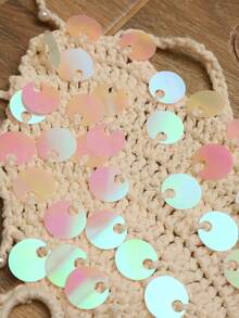 Opulessa Áo dệt kim thời trang nữ cổ yếm đính sequin - Màu be - Xem 7