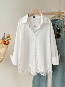 Comfortcana Elegant Women's Spring/Summer Breathable Lightweight White Button Down Blouse Versatile Crochet Lace Hem Long Sleeve Shirt For Office & Date - White - View 5