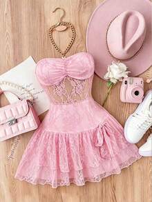 Franclia Vestido transparente de mujer con parches de encaje - Rosa - Ver 2