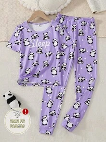 Tween Girl Cute Panda & "Sleep" Print Purple Short Sleeve & Pants Snug Fit Pajama Set - Multicolor - View 4