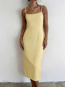 Vaclyn 女款夏季休閒度假簡約純色收腰細肩帶長版大裙擺洋裝 - 黃色 - 查看 5