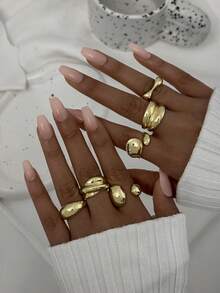 Lumivelle 6pcs Plain Geometric Chunky Fashion Rings, Vintage Inspired Classic Gold Color Cocktail Rings For Women - Gold - View 2