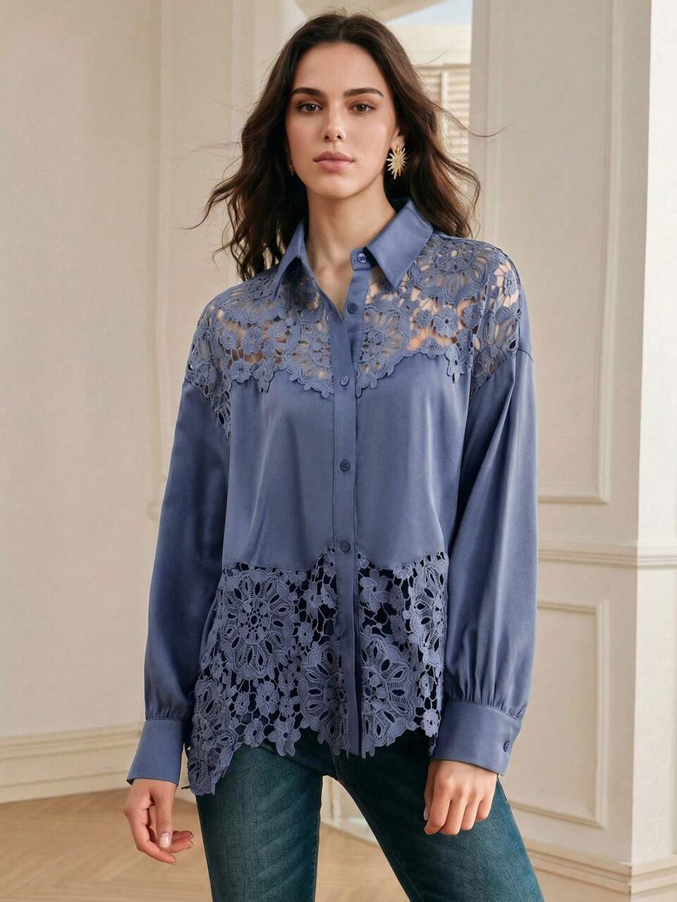 Anewsta Fashionable Loose Unique High-End Elegant Long Sleeve Lace Hollow Out Blouse For Women Teachers' Day Office Slate Blue Autumn
