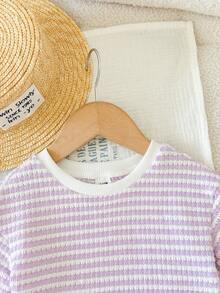 LMoss Kids Set 2 Potong Baju dan Celana Pendek Rajut Bergaris Leher Bulat untuk Bayi Perempuan - Mauve Purple - View 3
