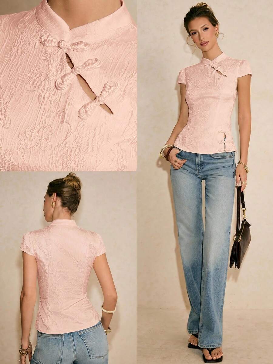 Poéselle New Chinese Style Waist-Cinched Cheongsam Top - Pink - View 1