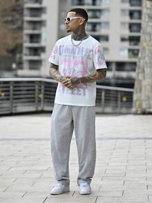 Devon Thys Men's Letter & Numeral Print Casual Loose Crew Neck Short Sleeve T-Shirt - Pink - View 6