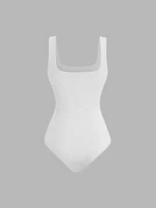 Sweetra Women's Solid Color Square Neck Pleated Casual Tank Style Bodysuit - Multicolor - View 3