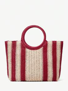 Maija Ladies, Women Top Handle Bags, Straw Bag, Fashionable, Elegant, Simple, Personalized, Versatile, For Beach, Vacation, Holiday, Summer, Seaside, Beach Party - Red - View 3