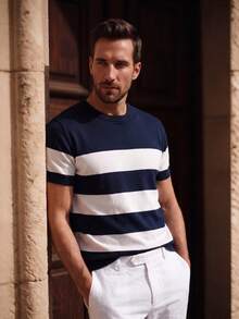 Officeau Camiseta de punto casual de cuello redondo y manga corta con parches de unicolor para hombre - Azul Marino - Ver 6