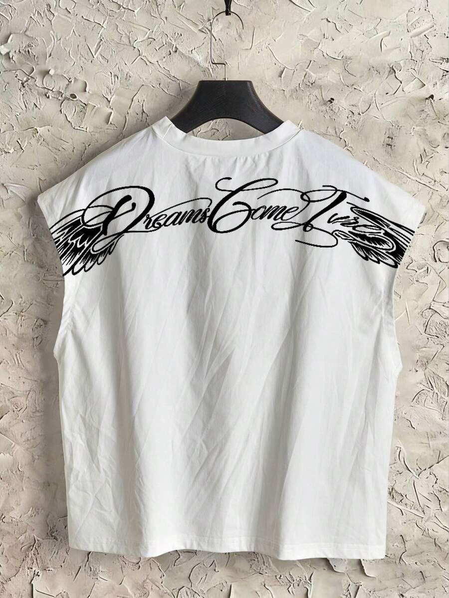 Manfinity ZONE917 Men Boxy Cropped Casual Fashion Cursive English Angel Wings Art Print White Short All-Cotton Tank Top, Holiday - Multicolor - View 1