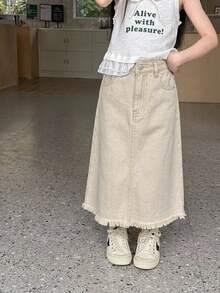 SHEIN Little Byeori 女童新款時尚休閒軟綿優雅棉質口袋鈕扣百搭日常穿著白色牛仔長裙，適合女童春/夏日常穿著、街頭風、節慶、派對、海灘、生日、鄉村風、畢業、休閒、優雅、暑假 - 米色 - 查看 5