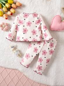 2 Piezas SHEIN Conjunto de Pijama de Recién Nacido con Patrón de Dibujos Animados Lindos, Cuello Redondo con Volantes, Manga Corta, Tejido Cómodo y Ajuste Cómodo (Dos Piezas) - Rosa Pálido - Ver 2