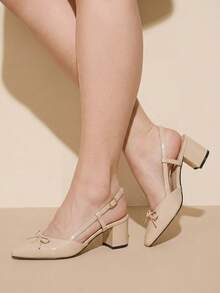 CUCCOO CURVES Women's Nude Patent Leather Pointed Toe Bow Knot Slingback Block Heel Pumps - Apricot - View 1