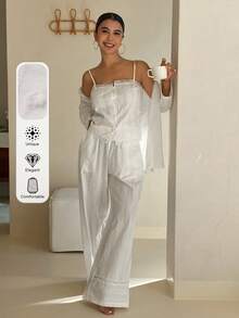 DAZY 3pcs Vacation Style Polka Dot Textured Fabric Women Pajama Set - White - View 1
