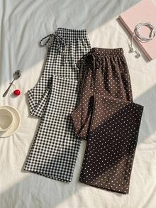 CovetEZ Women's Elastic Waist Drawstring Casual Straight-Style Long Pants Lounge Brown Polka Dot Black And White Autumn - Multicolor - View 9