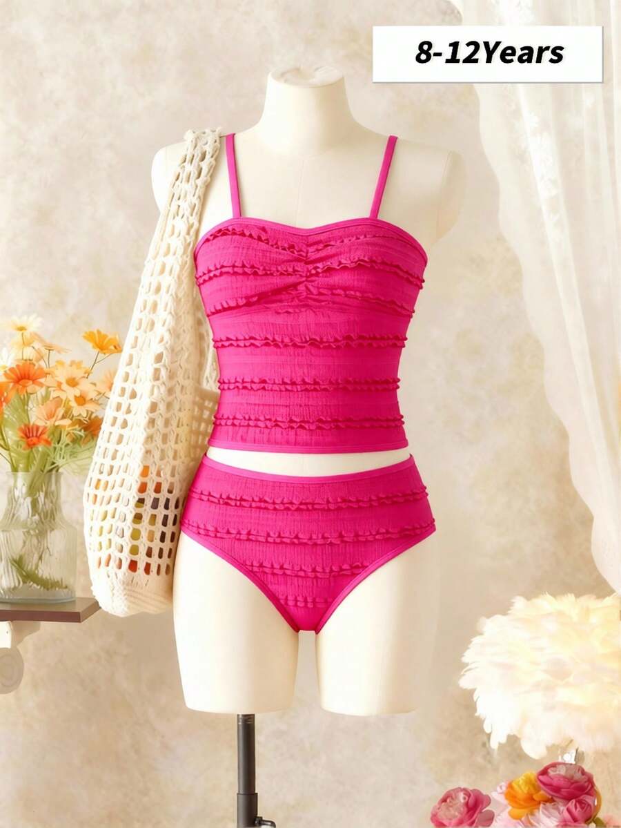 SHEIN Conjunto de bikini de 2 piezas con textura fucsia para niñas preadolescentes, adecuado para la playa, vacaciones de verano y fiestas en la piscina - Multicolor - Ver 1
