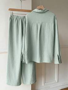 SHEIN EZwear 薄荷绿梭织刺绣纽扣长袖衬衫和斜插口袋长裤休闲套装 - 薄荷綠 - 查看 2