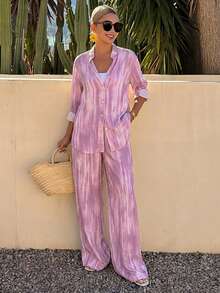 Livesso 2pcs Women's Spring Vacation Tie-Dye Collar Shirt And Casual Pants Set - Pink - View 5