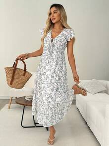 SHEIN LUNE Women's Casual Tropical Sexy Boho Ditsy Floral Tie-Up Ruffle Sleeve Long Dress, Vacation, Commute Picnic Summer Outfits White And Blue Floral Brunch - Multicolor - View 5