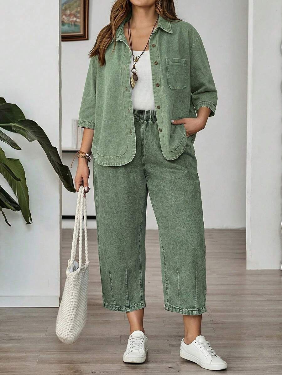 EMERY ROSE Mature Denim 大码女式七分袖单排扣休闲口袋牛仔衬衫