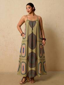 Travachic Plus Size Vacation Casual Striped Geometric Print Spaghetti Strap Dress - Multicolor - View 6