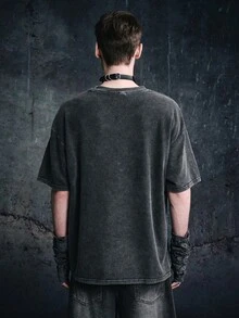 Vyqestra Manfinity Streetrush 男士水洗雪水模糊人脸印花圆领短袖T恤，春夏男装，男友礼物T恤，男士图案T恤 - 黑色 - 查看 2