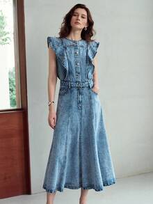 MOTF PREMIUM VESTIDO DE MUJER DE CUELLO REDONDO CON VOLANTES DE LYOCELL Y ALGODÓN DENIM, DE LARGO MEDIO, PARA USO CASUAL Y DE CITA, PRIMAVERA/VERANO - Azul - Ver 7