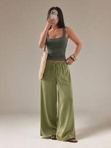Vivamere Women's Drawstring Waist Casual Girlisim Wrinkle-Resistant Wide Leg Pants,Petite Women Golf Pastal Autumn - Army Green - View 11