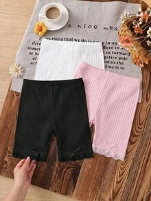 SHEIN Quần legging thoải mái cho bé gái, màu trơn, cạp chun co giãn, gân sọc, viền ren - Nhiều màu - Xem 6