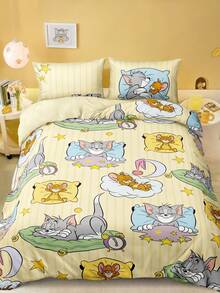 TOM & JERRY X SHEIN Bộ 3 món vỏ chăn in hoạt hình hoạt hình màu vàng, chất liệu nhám, mềm và ấm, nhiều kích cỡ, phù hợp cho giường đơn/giường đôi/giường Queen/giường King, có thể giặt bằng máy - Nhiều màu 1 - Xem 4