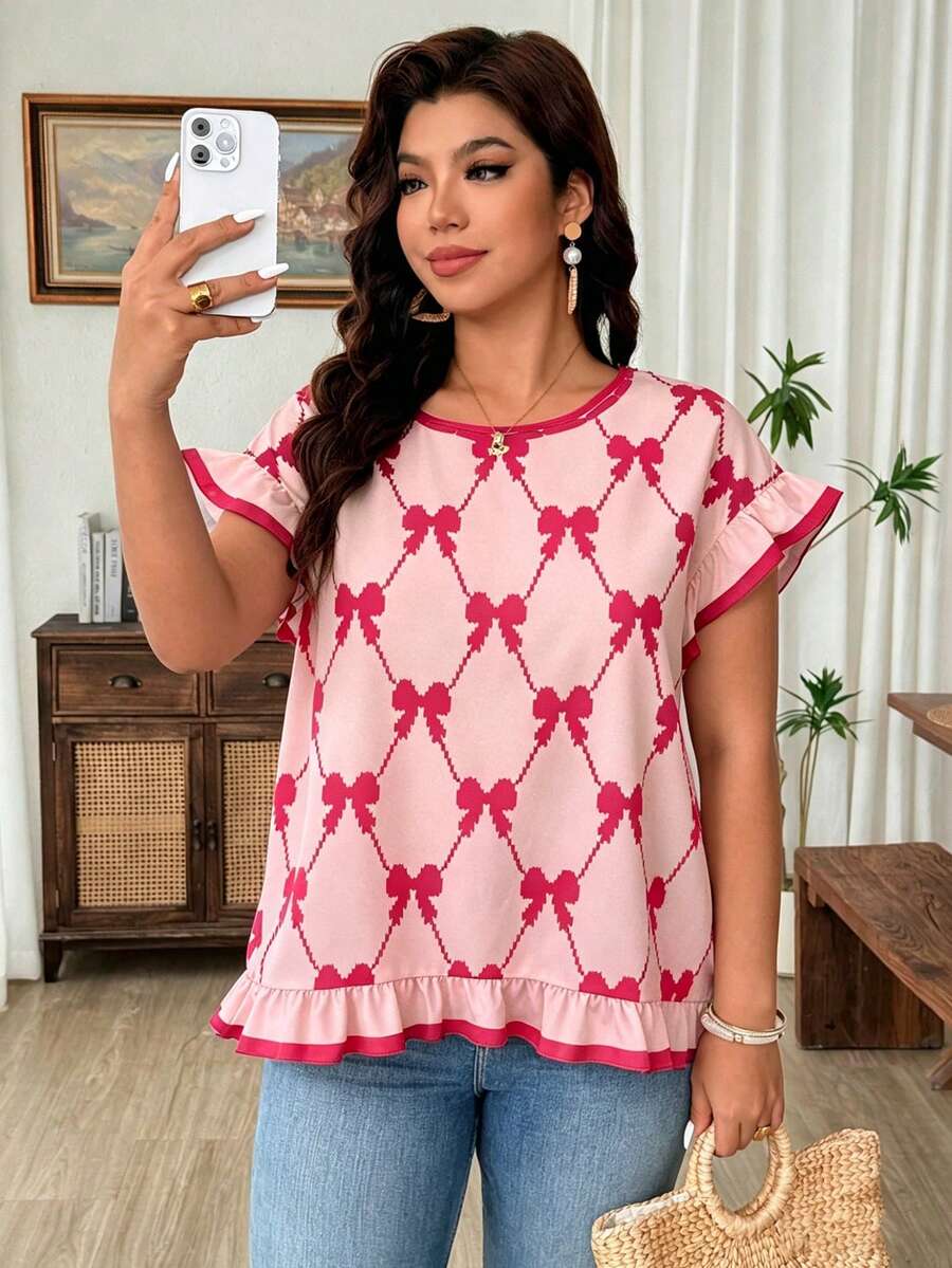 Weeklong Women's Plus Size Round Neck Short Sleeve Bow Print Elegant Blouse - Pink - View 1