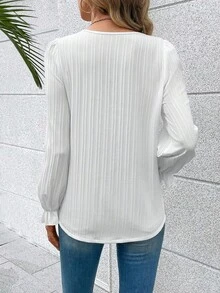 SHEIN 女款紋理蕾絲拼接喇叭袖襯衫 - 白色 - 查看 2