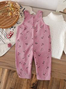 SHEIN 嬰幼兒女童中性 0-3 歲 春/秋季 心形滿版印花 粉色燈芯絨吊帶褲套裝 胸前口袋設計 休閒版型 適合外出與居家休閒 - 彩色 - 查看 2
