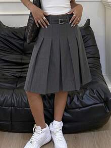 DAZY Jupe Plissée Taille Haute (Sans Ceinture) - Gris foncé - Voir 10