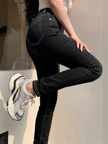 DAZY Women's Color-Block Stitching Slim Fit Denim Pants Women Jeans - Black - View 10