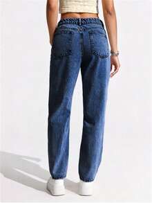 SHEIN EZwear 大码女式休闲时尚街头日常通勤趣味卡通印花破洞紧身牛仔裤 - 中等水洗藍 - 查看 2