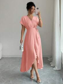 Modelyn Women's Solid Color Casual Elegant Vacation Lace-Up Waist Spring/Summer Mid-Length Dress Dusty Pink - Pink - View 7