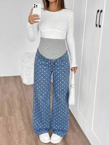 SHEIN 孕妇针织露脐复古蓝色牛仔宽松直筒裤夏季嘉年华服装通勤度假毕业时尚Y2K可爱街头风性感派对婚礼优雅商务休闲女性商务海滩毕业时尚波点孕妇牛仔裤宽松阔腿裤准妈妈蓝色 - 藍色 - 查看 5