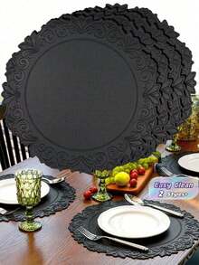 1PC 6PCS Alas Meja Bundar Kulit Imitasi Tebal Hitam Bergaya Vintage, Dapat Dicuci, Tahan Panas, untuk Restoran, Hotel, Rumah, Anti Selip, Kulit Sintetis, Dapat Digunakan Kembali, Alas Meja untuk Dekorasi Ruang Makan dan Dapur - Hitam - View 1