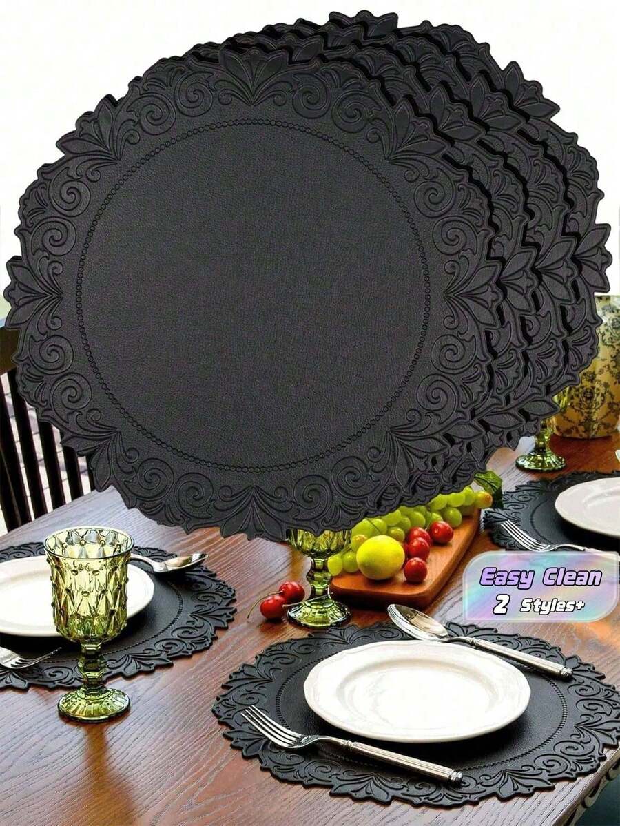 1PC 6PCS Alas Meja Bundar Kulit Imitasi Tebal Hitam Bergaya Vintage, Dapat Dicuci, Tahan Panas, untuk Restoran, Hotel, Rumah, Anti Selip, Kulit Sintetis, Dapat Digunakan Kembali, Alas Meja untuk Dekorasi Ruang Makan dan Dapur - Hitam - View 1