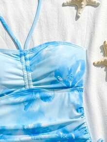 SHEIN 1件女童熱帶花卉彈性快乾舒適針織面料青少年女孩連身泳衣，適合海灘、泳池、海邊、衝浪、度假、夏季旅行 - 淺藍色 - 查看 3