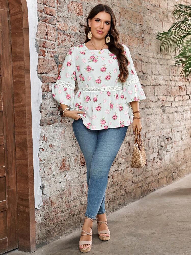 Plus Size Floral Print Lace Patchwork Casual Vacation Shirt