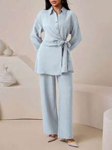 Veilorie Women's Textured Vacation Button Tie Long Sleeve Top And Casual Long Pants 2 Pieces Set - Blue - View 6
