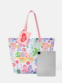 SHEIN X Care Bears 1件時尚輕便可折疊印花圖案托特包，購物袋，便攜式單肩包，卡片收納袋，適用旅行與購物等 - 條紋 - 查看 5