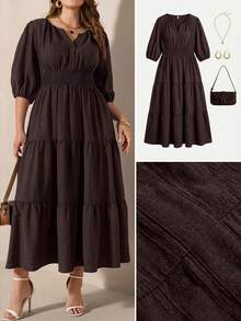 Comfylo Denim Effect Woven Plus Size Cinched Waist Long Dress - Brown - View 1